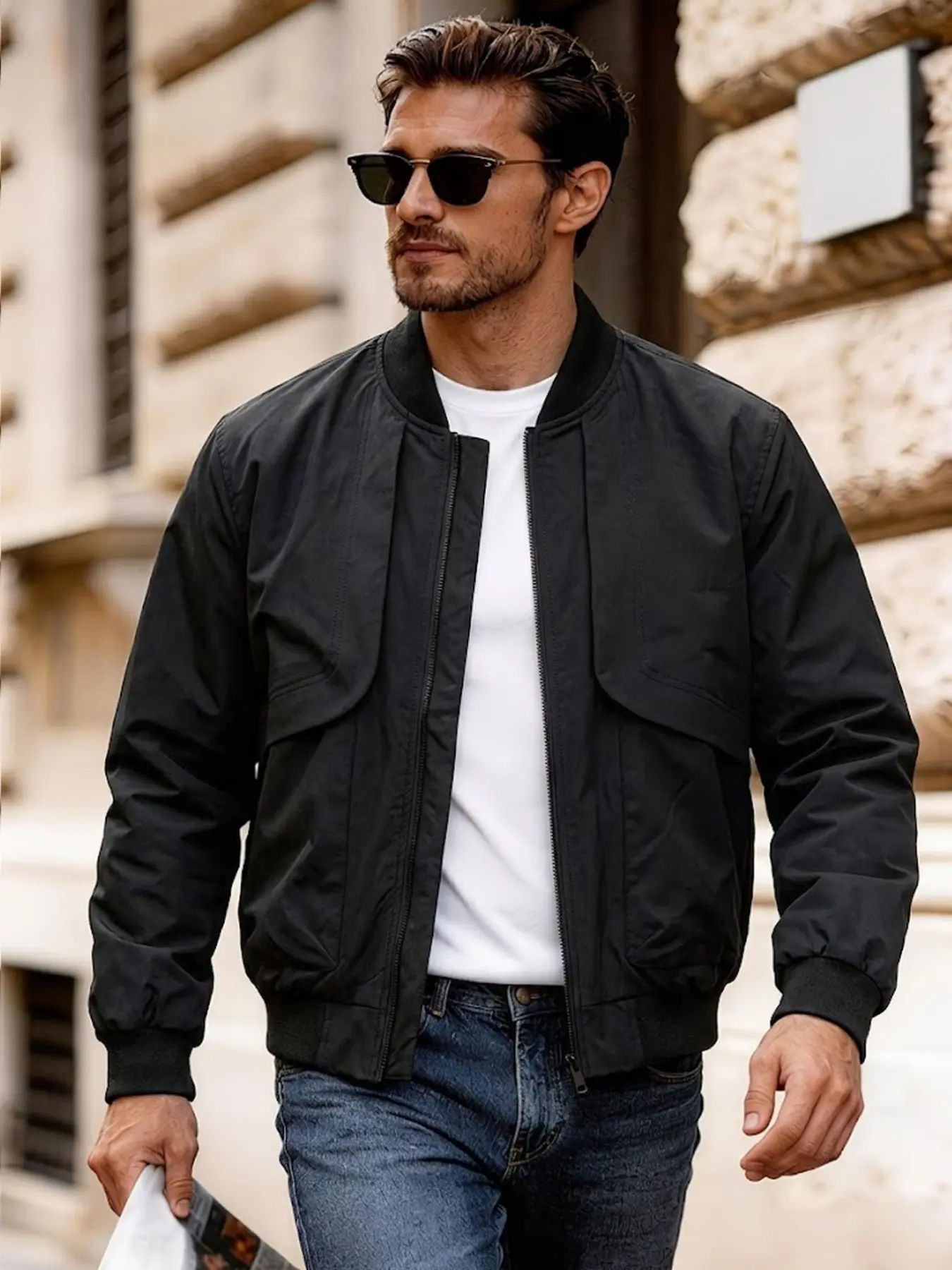 Spring Fall Men's Soft Shell Jacket, Long Sleeve Full Zip Stand Collar, Casual Baseball Neck, Solid Color, Fashion Multi-Pocket, Outdoor Wear