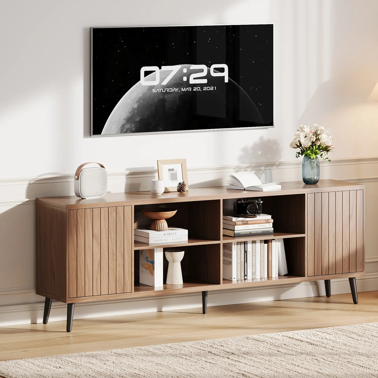 Mid-Century Modern Walnut Fluted TV Stand, Media Console for 75 Inch TV with Open Storage & Adjustable Shelves, Entertainment Center Cabinet for Living Room