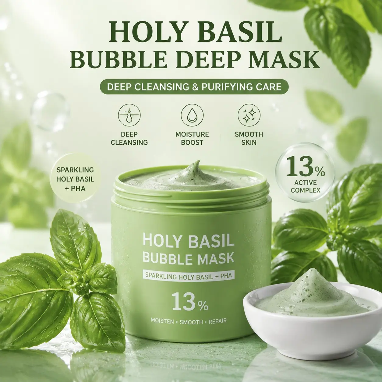 2-Pack 90g Holy Basil Sparkling Bubble Deep Mask, Moisturizing & Nourishing Face Care, Ideal for Dry Skin, Gentle Formula