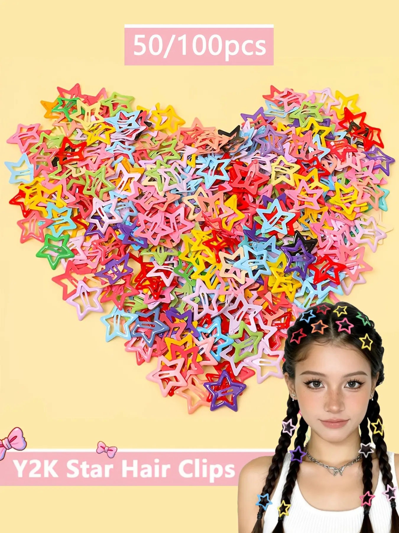 50/100pcs colorful star hair clip, pentagram dopamine, bangs hair clip, ponytail/dirty braid decorative hair clip, suitable for campus, parties, vacations, music festivals, sports events, daily leisure, fashionable women's accessories, Super Cute Clips