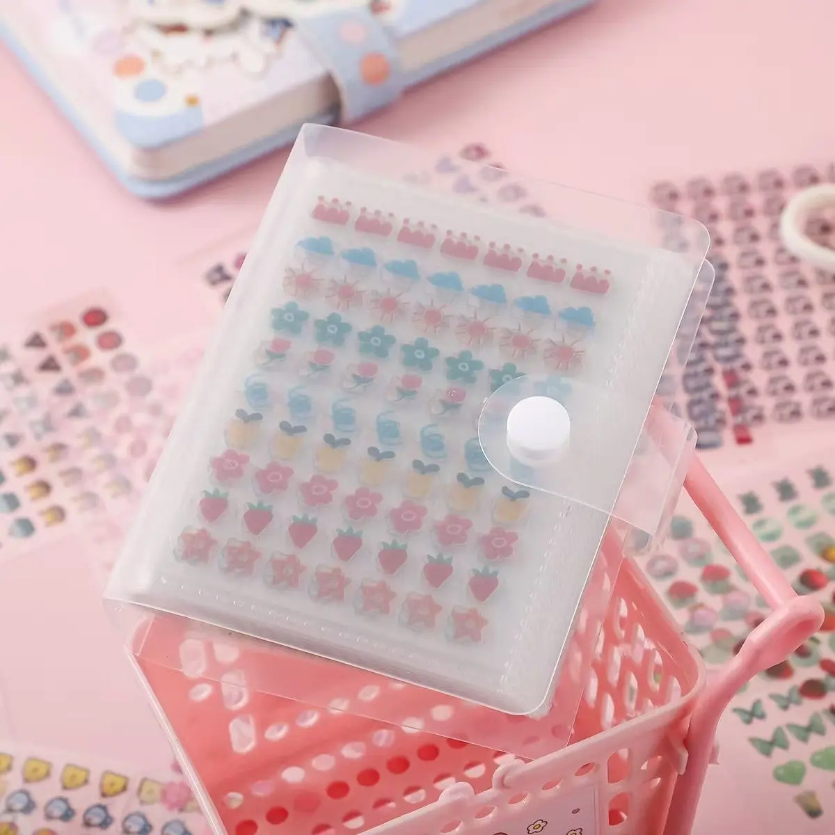2400 Mini Cute Stickers Set + Storage Book, Portable Transparent Plastic, Multiple Beautiful Patterns, Perfect for DIY Journals and Scrapbooks, Kawaii Planner Stickers