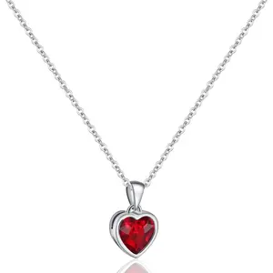 Sterling Silver Heart Necklace Red Green Blue Aquamarine Pendant Necklace for Women Classic Love Birthstone Necklace for Mothers Day