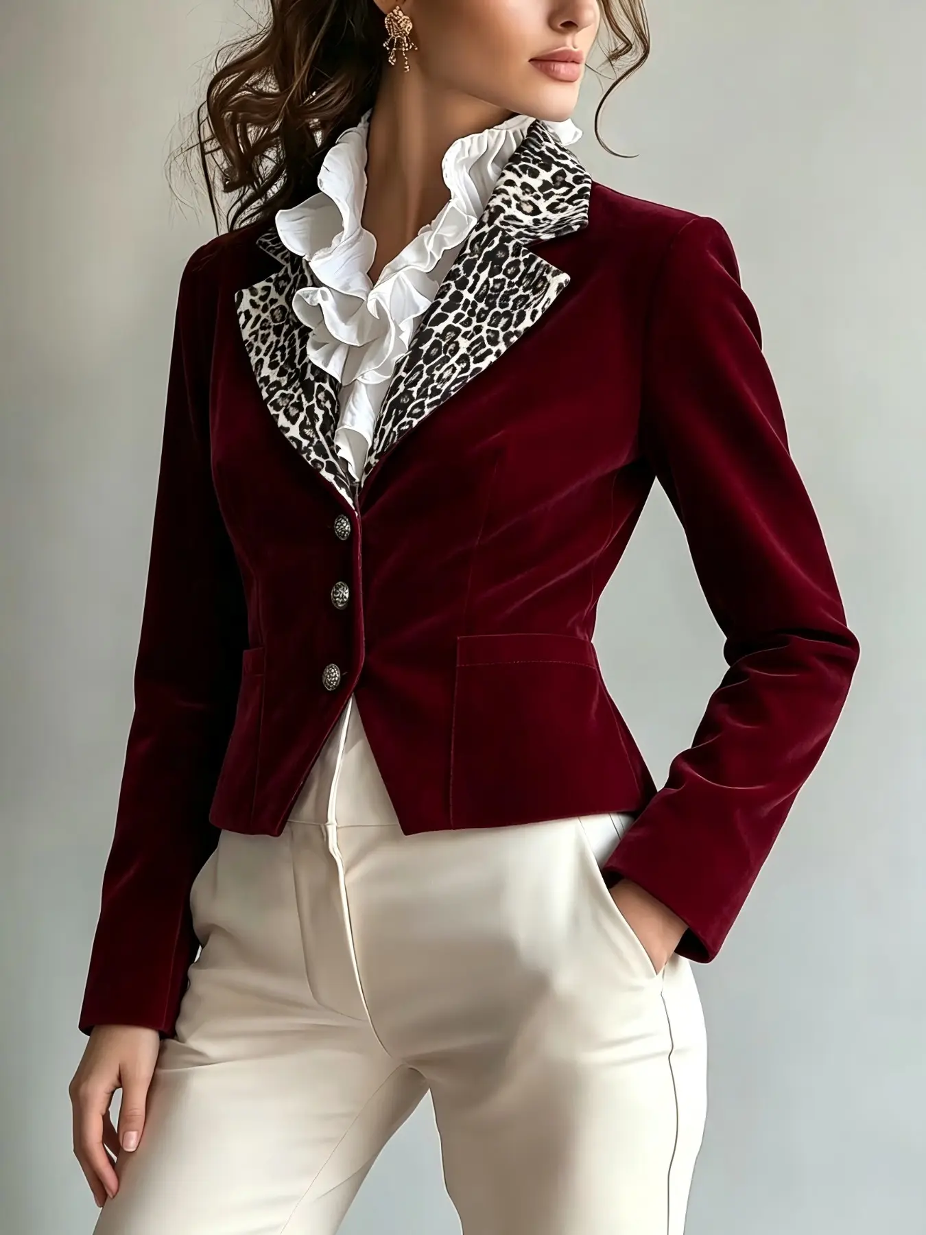 Fall Winter French Vintage Wine Velvet Short Blazer, Leopard Patchwork Lapel Metal Button Waistcoat, Elegant High-Waisted Jacket