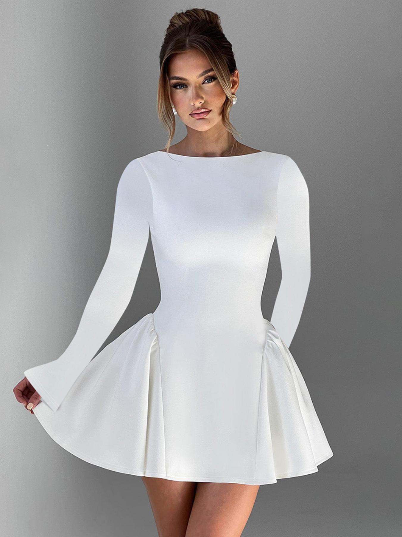 Women's Plain Long Sleeve Dress, Elegant Solid Color Back Zipper Party Club Holiday A-line Mini Dresses for Women