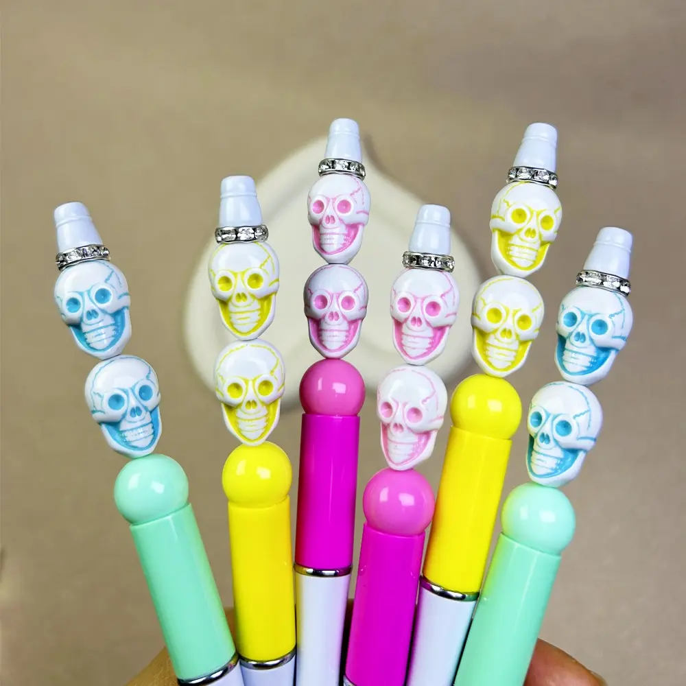 6 Pieces Halloween All Saints Day Skull DIY Bead Ballpoint Pens, Color beads can be added or removed freely according to personal preference, rhinestone decorated handmade stationery, multicolor twist pens for school, office and Halloween holiday gifts