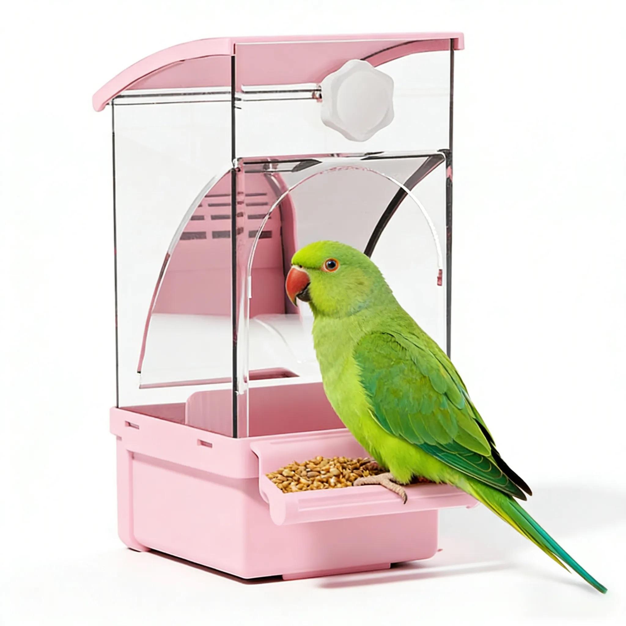 Bird Feeder for Cage - Automatic Gravity Food Dispenser with Perch, Clear Acrylic Seed Storage for Parakeets, Cockatiels, Budgies & Finches, Waste-Free Design, Premium Acrylic Material, 360° Transparent View