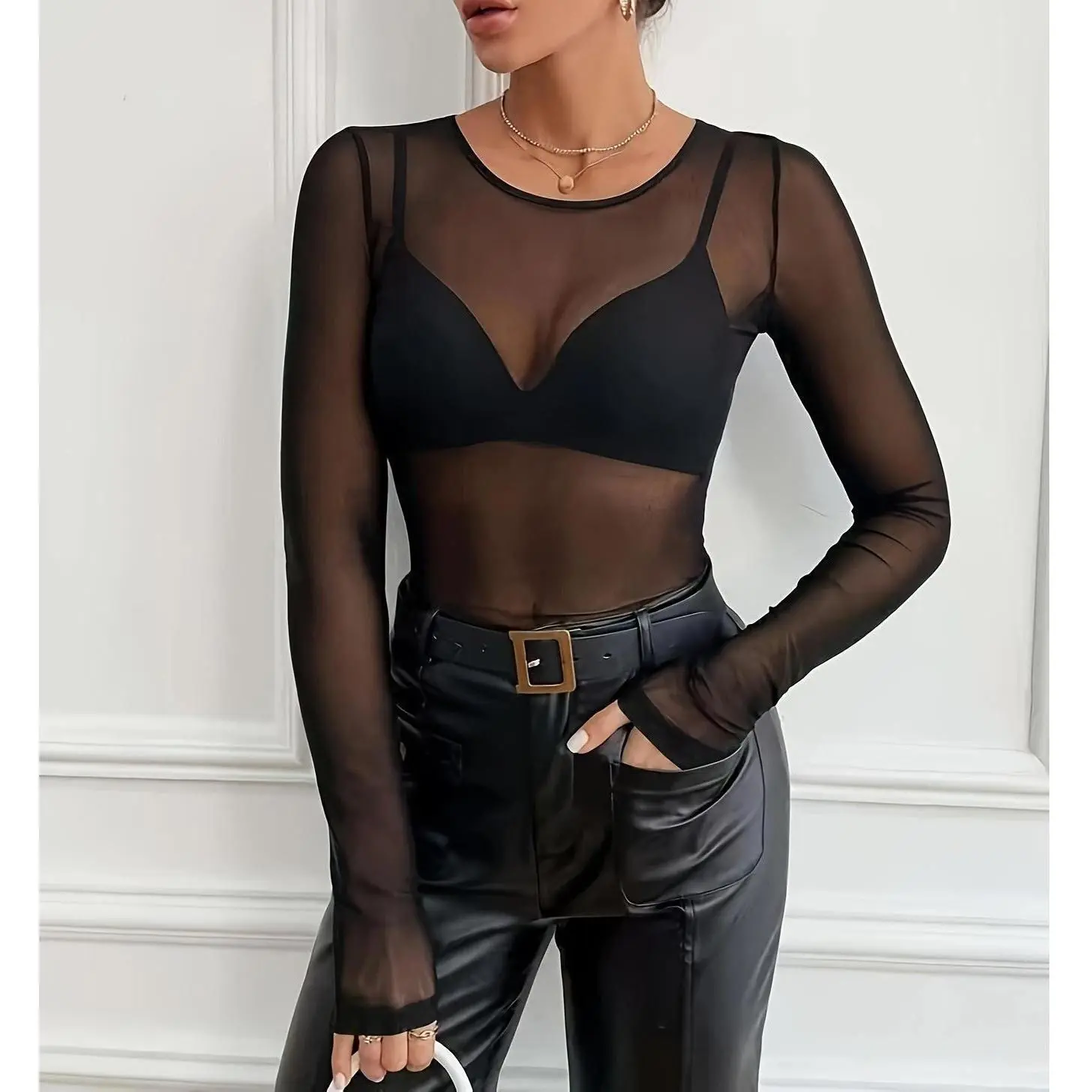 Women's Sexy Sheer Mesh T-Shirt, Solid Long Sleeve Skinny Fit Crewneck Knit Fabric Top for Spring Summer, Longsleeves