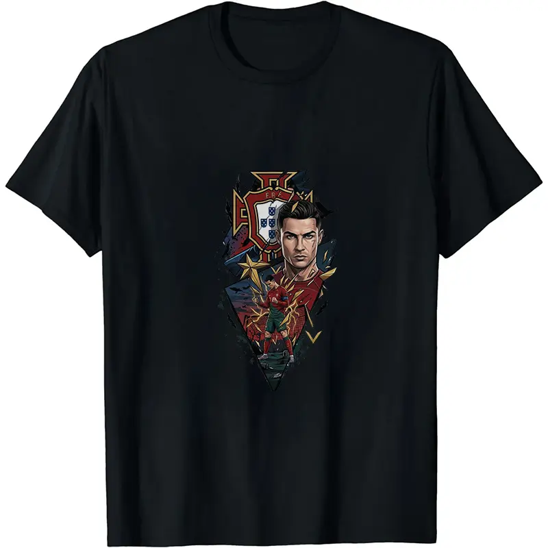 100% Soft Cotton Crewneck Tee, CR7 Ronaldo Portugal Crest Broken Shard Comic Double Portrait Graphic Shirt, Oversized Loose Top For Victory Fan Hangout, Trending Y2K GOAT Soccer Streetwear