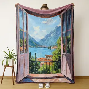 Lake Como Window View Throw Blanket, Italy Mountain Lake Painting Flannel, Soft Cozy Scenic Travel Blanket for Sofa Bed GiftLake Como blanket, Italy blanket, Italian lake blanket, mountain lake blanket, window view blanket, scenic blanket,