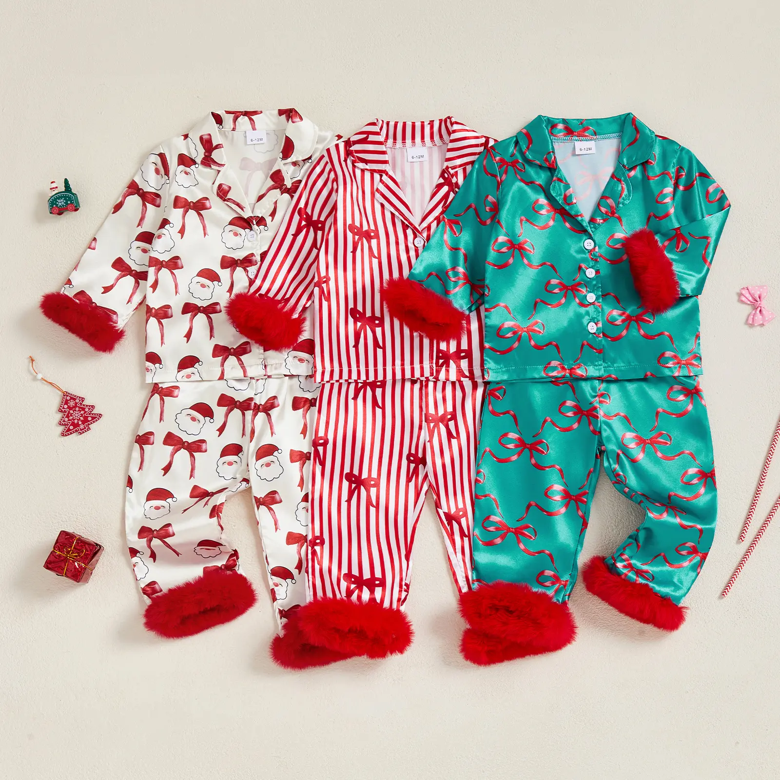 Ma&Baby Toddler Baby Kids Girls Christmas Pajamas Set Bow Print Long Sleeve Tops with Elastic Waist Pants Fall Winter Sleepwear 6M-7Y