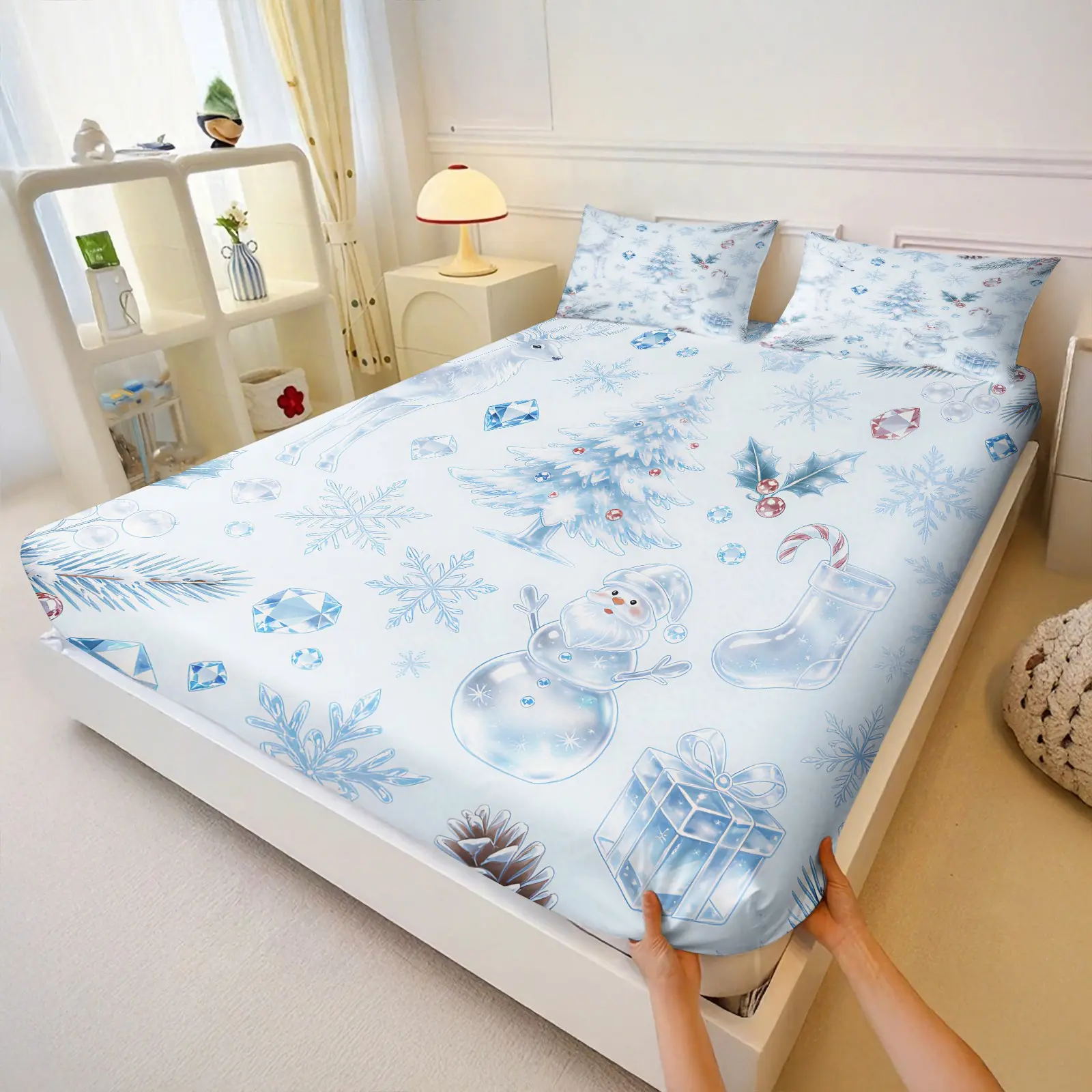 3Pcs Christmas Fitted Sheet Set, Reindeer Xmas Tree Full Print, Elastic All Around Soft Mattress Cover