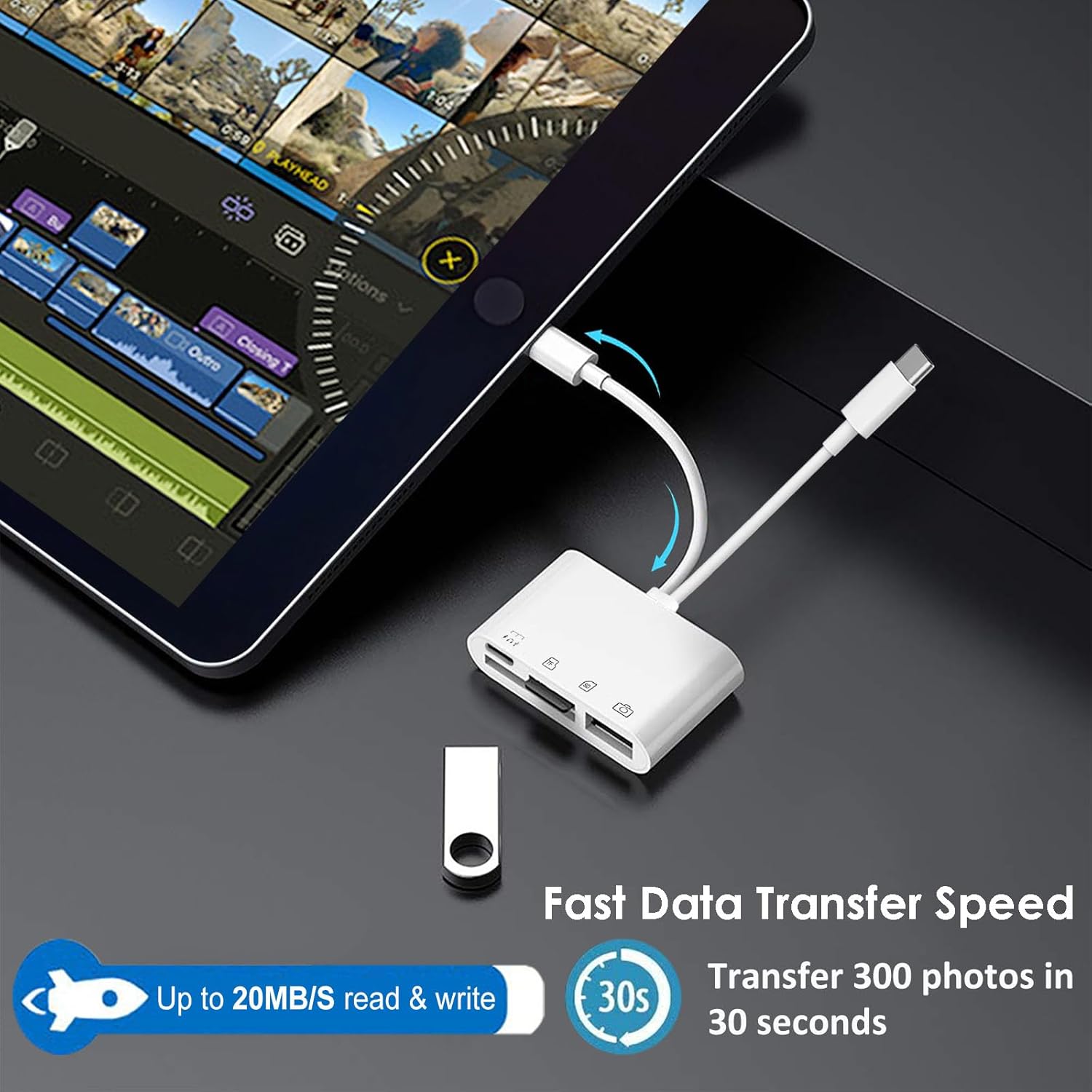 SD Card Reader for  iPad Android, USB-C & Lightning to SD/MicroSD Card Adapter with Fast  Port, Memory Card Reader for Camera Adapter, Support SD,  SD, USB 3.0, No App Required