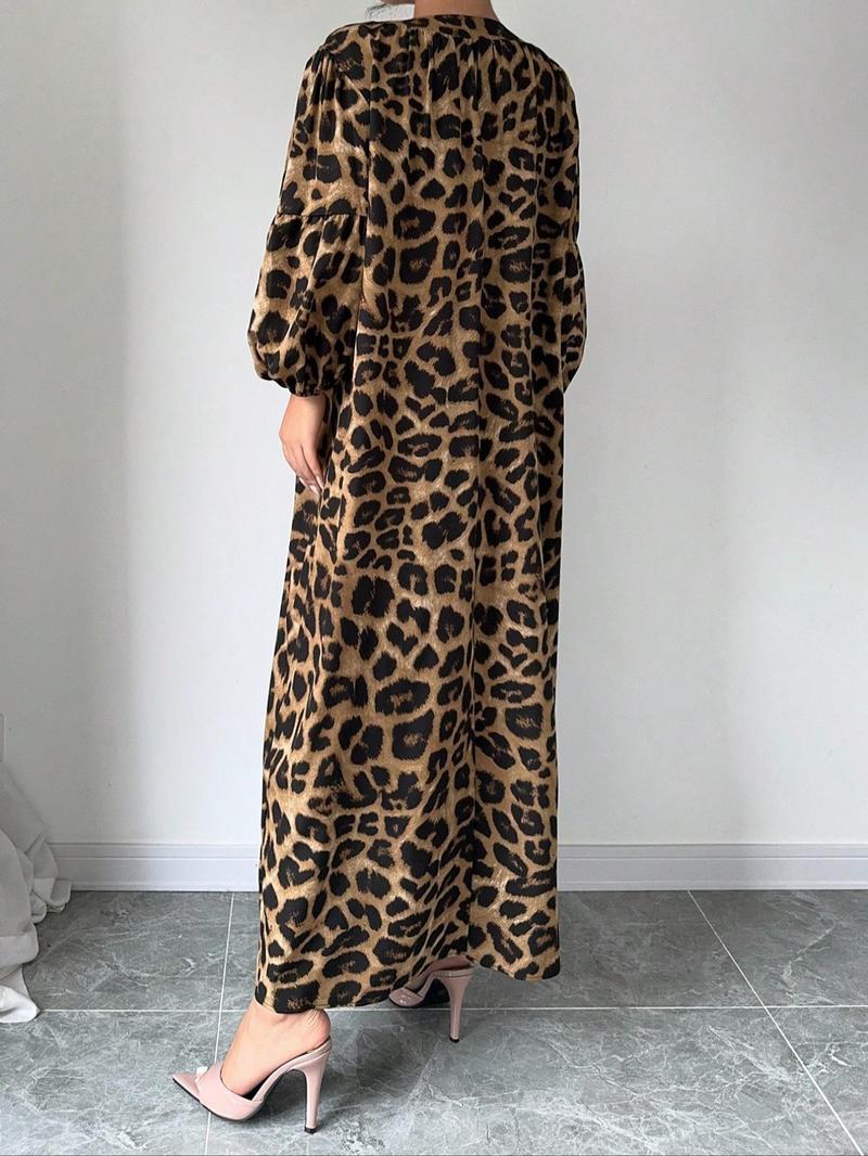【Plus Size】 Leopard Print Notched Neck Dress, Casual Bishop Sleeve Dress for Spring & Fall, Women's Clothes for Daily Wear