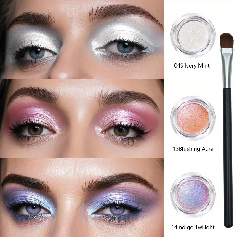 3pcs Jelly Eyeshadow Set with Brush, Glitter Shimmer, Holographic Glow Finish, Gel Texture, Long-Lasting, Waterproof Eye Makeup, Pefect for party and gift, New Wave Makeup, Full Color Makeup, pink, purple, Silvery