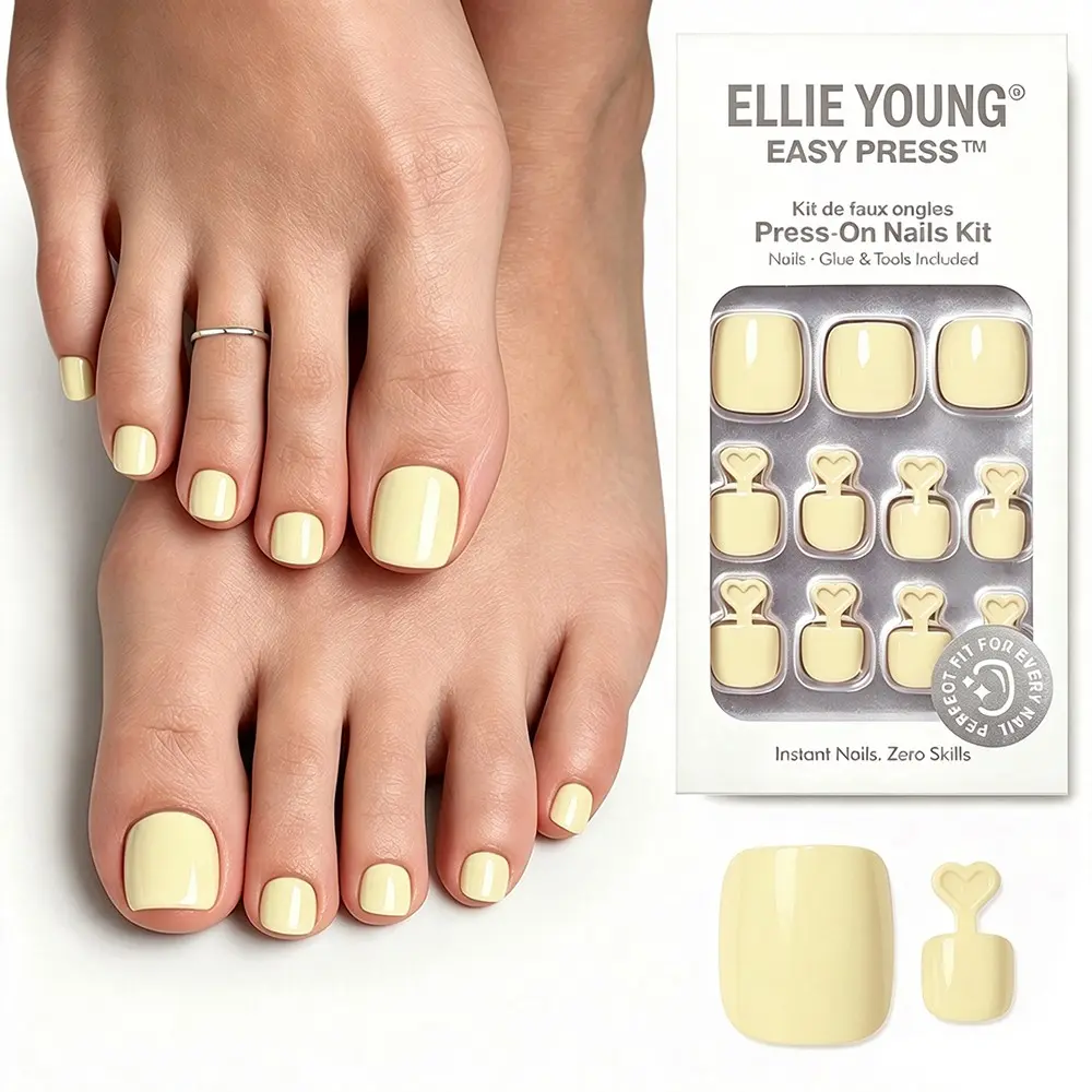 ELLIE YOUNG Butter Yellow Press On Toe Nails, Short Square Waterproof Reusable Toenails with Glue Kit, 32PCS in 19 Sizes for Summer, Beach & Daily Wear