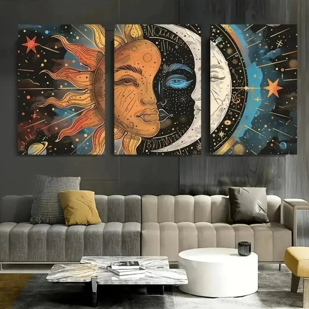 3 Pieces Sun Moon Style Dark Painting Calligraphy Art, Canvas Art, Coffee Culture Wall Mural, Refined Vibe Home Art, Contemporary Gallery Decor, Rich Tone Painting, Wall Decor for Cafe, Living Room and Study, Framed or Unframed, Artwork