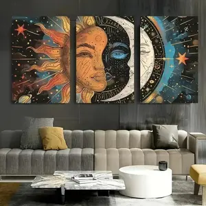 3 Pieces Sun Moon Style Dark Painting Calligraphy Art, Coffee Culture Wall Mural, Refined Vibe Home Art, Contemporary Gallery Decor, Rich Tone Painting, Wall Decor for Cafe, Living Room and Study, Framed or Unframed.