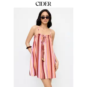 Cider Striped Square Neck Beaded Knotted Lettuce Trim Oversized Mini Dress Dealsforyou