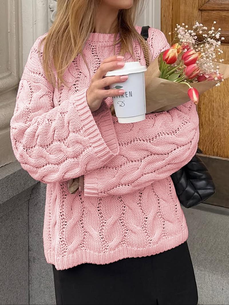 Women's Casual Round Neck Sweater, Long Sleeve Fitted Knit Top, Winter Fashion, Plain Color, Moderate Fabric Thickness, Knitwear