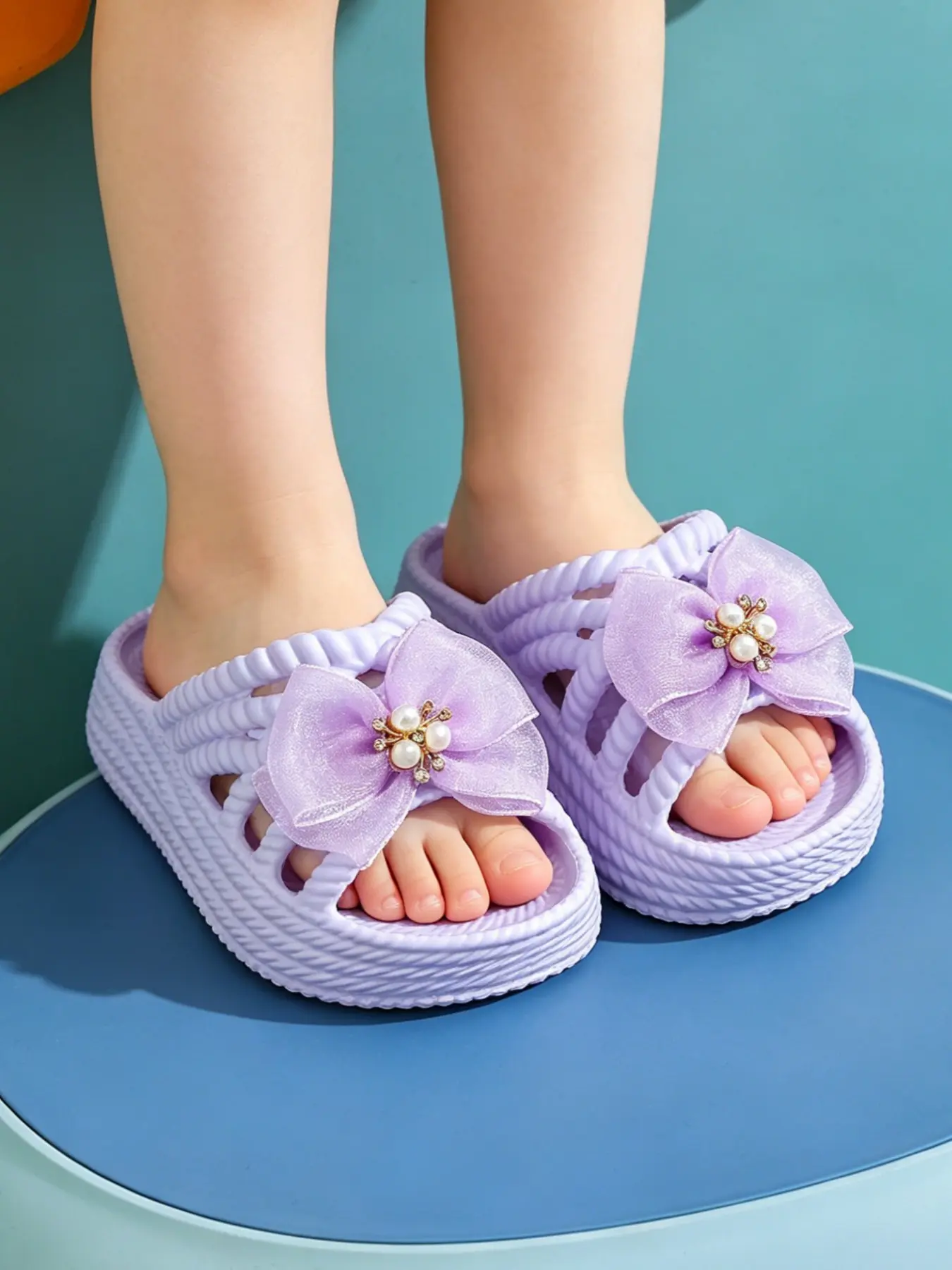 Summer Princess Sandals, Elegant Bow Pearl Decoration, Soft Sole Non-Slip Girls' Outdoor Casual Shoes, Butterfly Decorated Slides