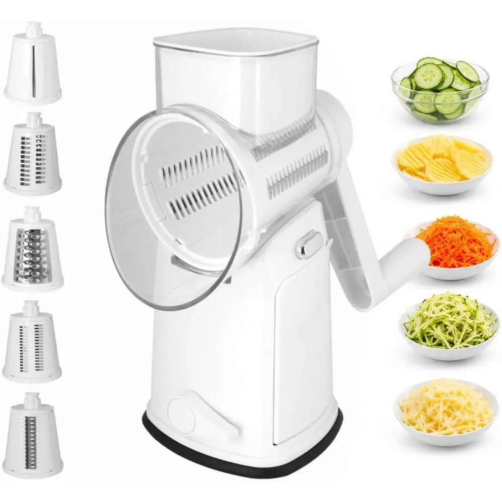 Rotary Cheese Grater with Hand Crank - Cheese Shredder with 5 Interchangeable Stainless Steel Blades, Suction Base & Ergonomic Handle | Vegetable Slicer, Food Grater for Cheese, Nuts & Chocolate