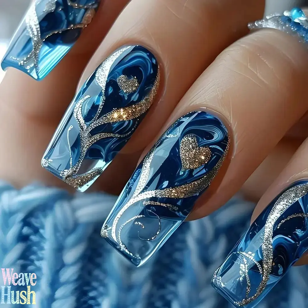 24Pcs Long Coffin Press On Nails, Shimmer Blue Glitter Heart & Golden Line Fake Nail Tips, Trendy Y2K Full Cover Reusable Acrylic Manicure Kit, Fashion Accessory For Women, Concert And Party Outfits