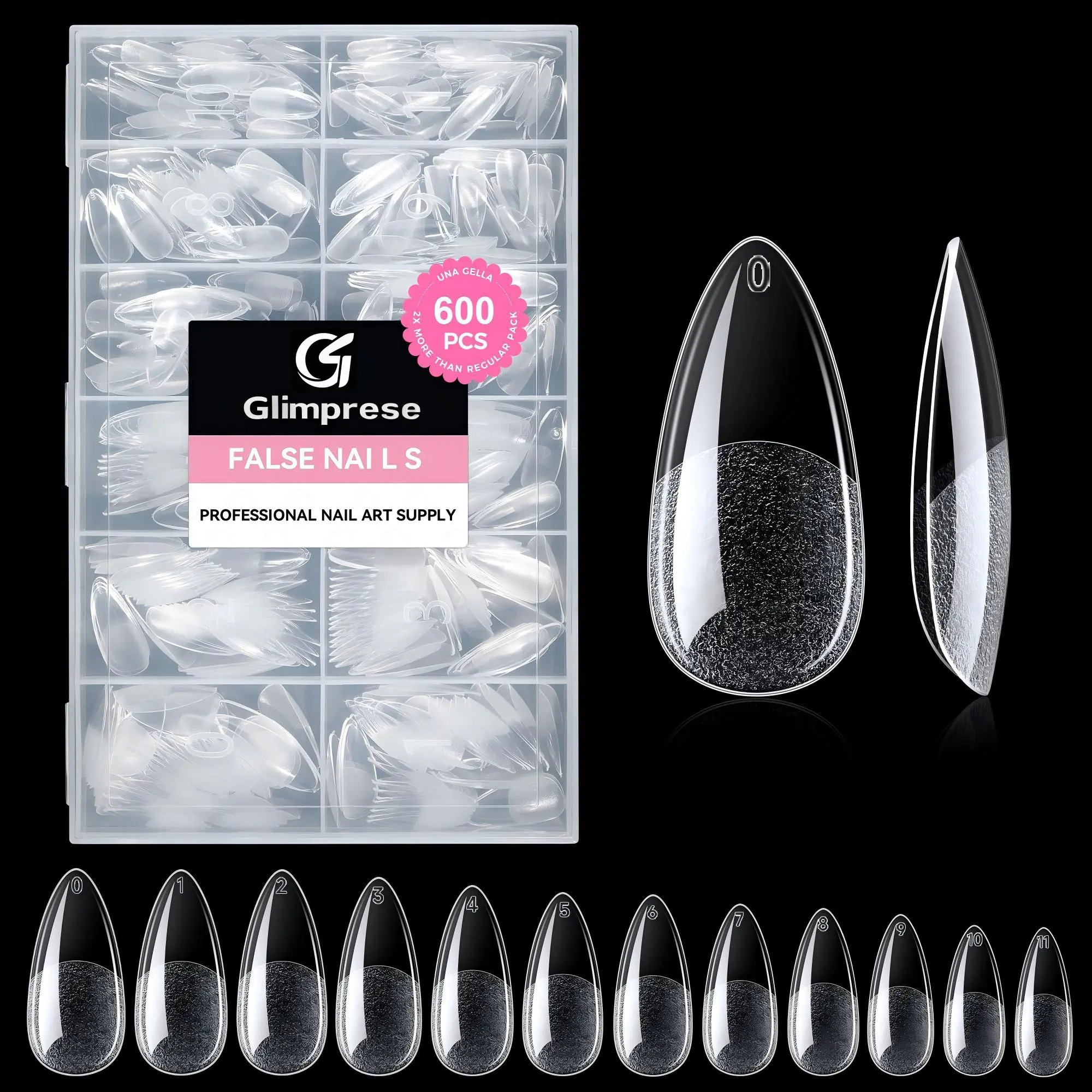 Almond Nail Tips, 600PCS Short Fake Nails Soft Press On Gel Nail Tips Pre Shaped Almond Shape Home Etched Clear Fake Nail Extension Full Cover, 12 Sizes Acrylic Gelly Tips Short Medium Long, Nail Art Supplies