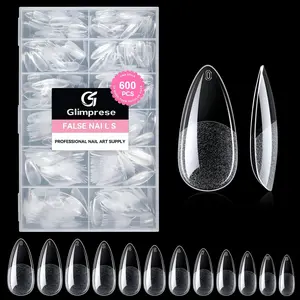 Almond Nail Tips, 600PCS Short Fake Nails Soft Press On Gel Nail Tips Pre Shaped Almond Shape Home Etched Clear Fake Nail Extension Full Cover, 12 Sizes Acrylic Gelly Tips Short Medium Long, Nail Art Supplies