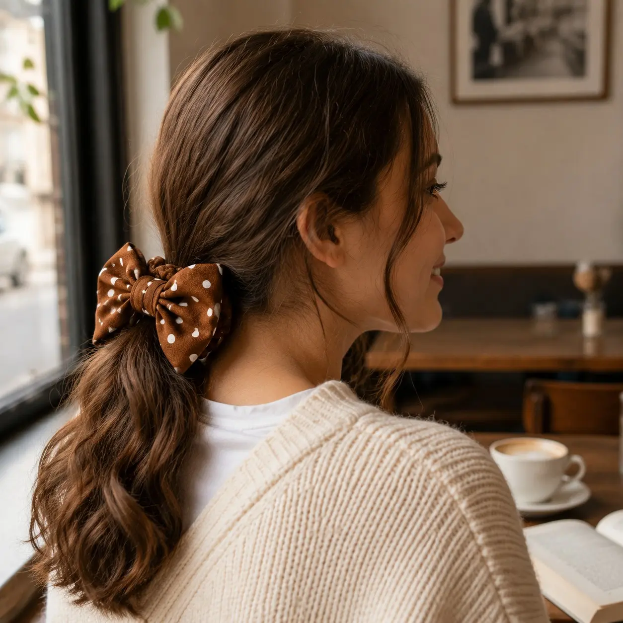 Vintage Chocolate Polka Dot Bow Scrunchie for Women, Soft Cotton Hair Tie, Coquette Ponytail Accessory, Everyday Wear, Fall