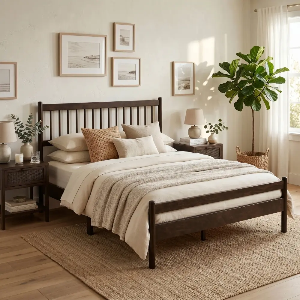 Solid Pinewood Queen Bed Frame with Traditional Windsor Headboard, Footboard, Reinforced Frame & Legs, Quick Setup, Smooth Finish - Choose From Walnut, Natural, Brown