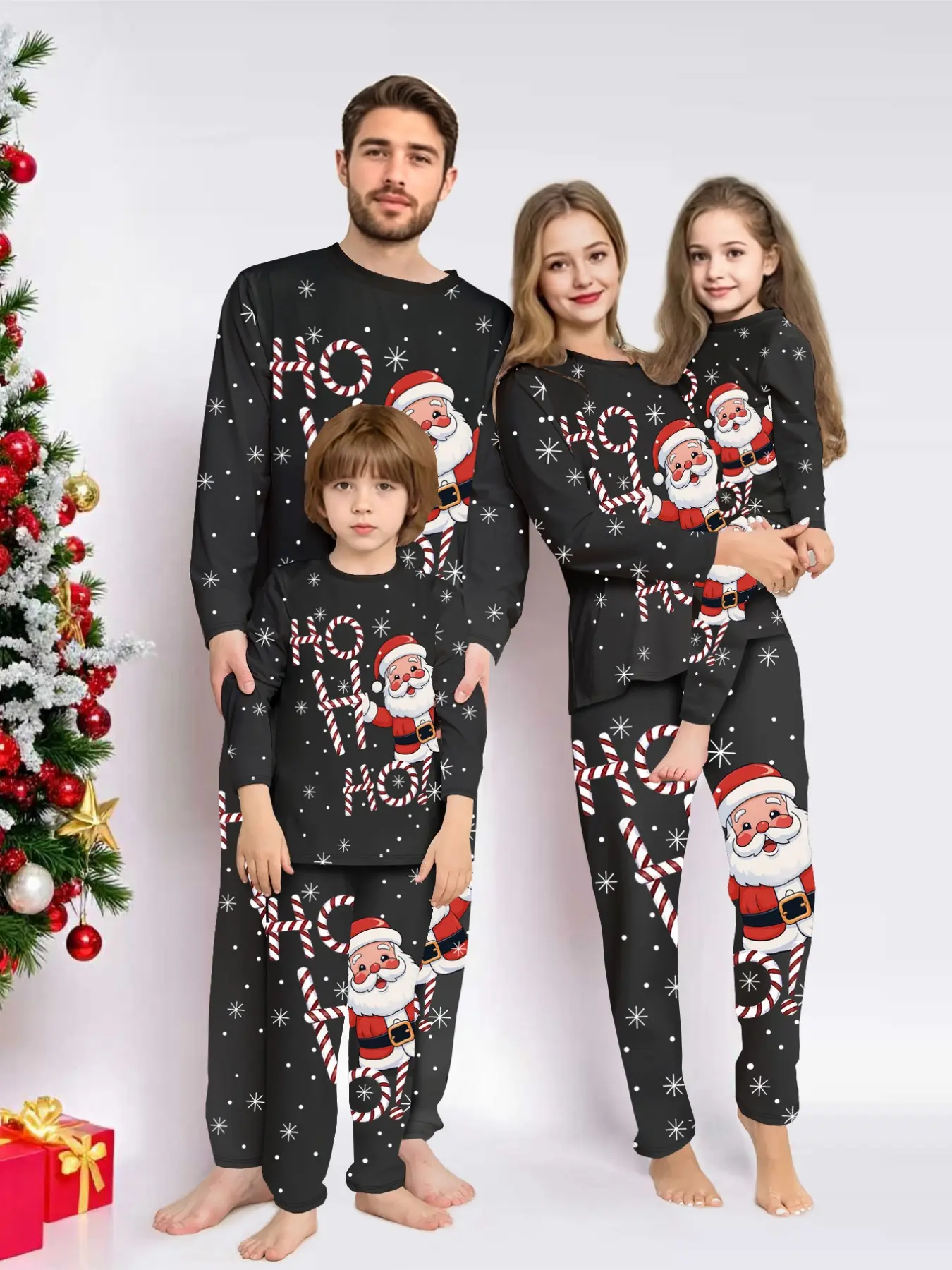 2-Piece Christmas Pajama Set, Santa Print Couples Sleepwear, Men Women Kids Holiday, Loose-Fit Casual All-Seasons