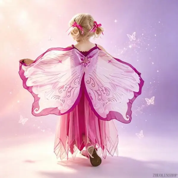 Polyester Kids Fairy Theme Costume Set for Girls - Angel Butterfly Wings, Cloak, Mask, Cute Halloween Stage Performance Outfit, Prop 65 Safe Cosplay Gift