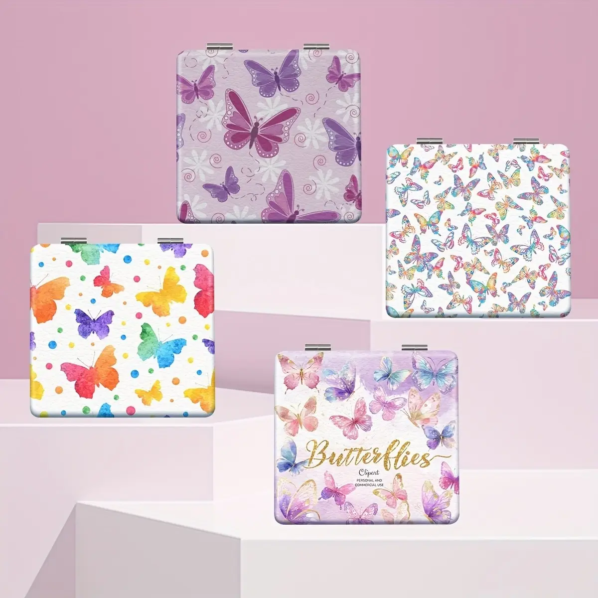 Watercolor Rainbow Butterfly Print Compact Mirror, Double Sided Foldable Pocket Makeup Mirror, Colorful Butterfly Pattern Portable Travel Cosmetic Mirror, Gift for Girls Women