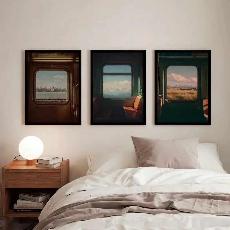 Set of 3 The three-panel wall decoration of subway car windows in New York Canvas Wall Art Framed, Abstract Painting Print Poster Aesthetic Wall Decor, Home Artwork for Living Room Bedroom Dining Room Kitchen Hallway Office, Ready to Hang