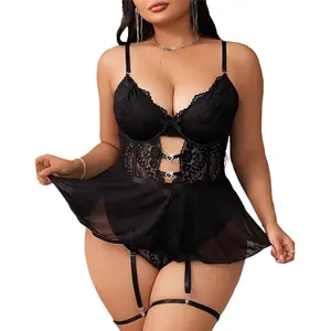 Goddess wardrobe Goddess Exclusive Plus Size Lingerie for Curvy Women Underwire Babydoll Lace Skirted Teddy Bodysuit with Leg Rings XL-4XL