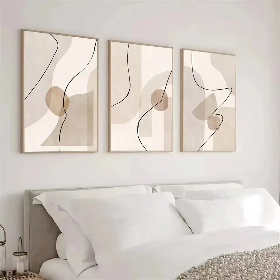 3pcs Abstract Beige Geometric Line Wall Art Canvas Frameless Hanging Picture Bohemian Poster Print Modern Living Room Bedroom Home Decoration