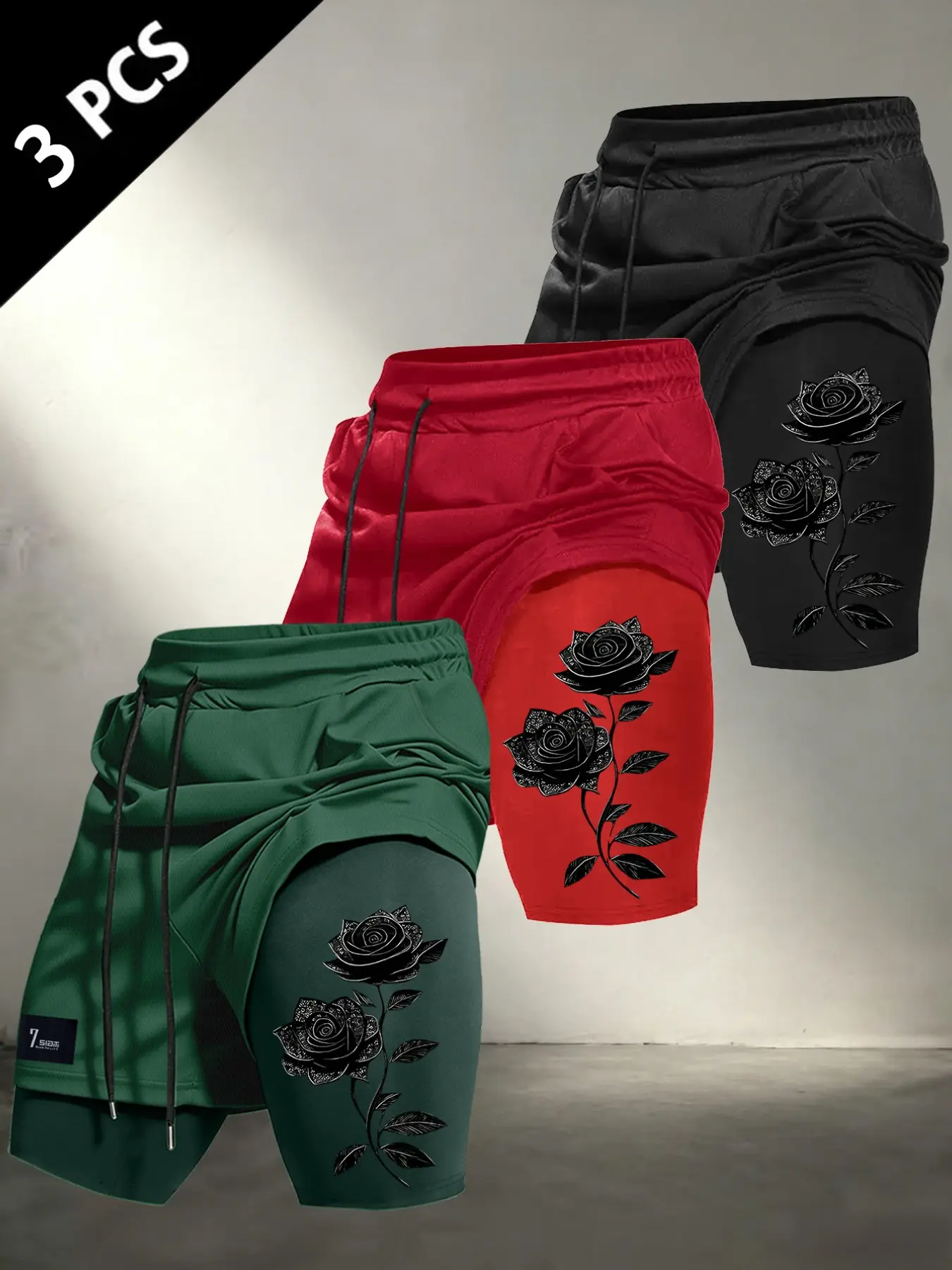 Men 2-in-1 Athletic Shorts, Graphic Fitness Shorts, Drawstring Loose Fit Black Rose Floral Print Breathable Gym Workout Running Training Shorts