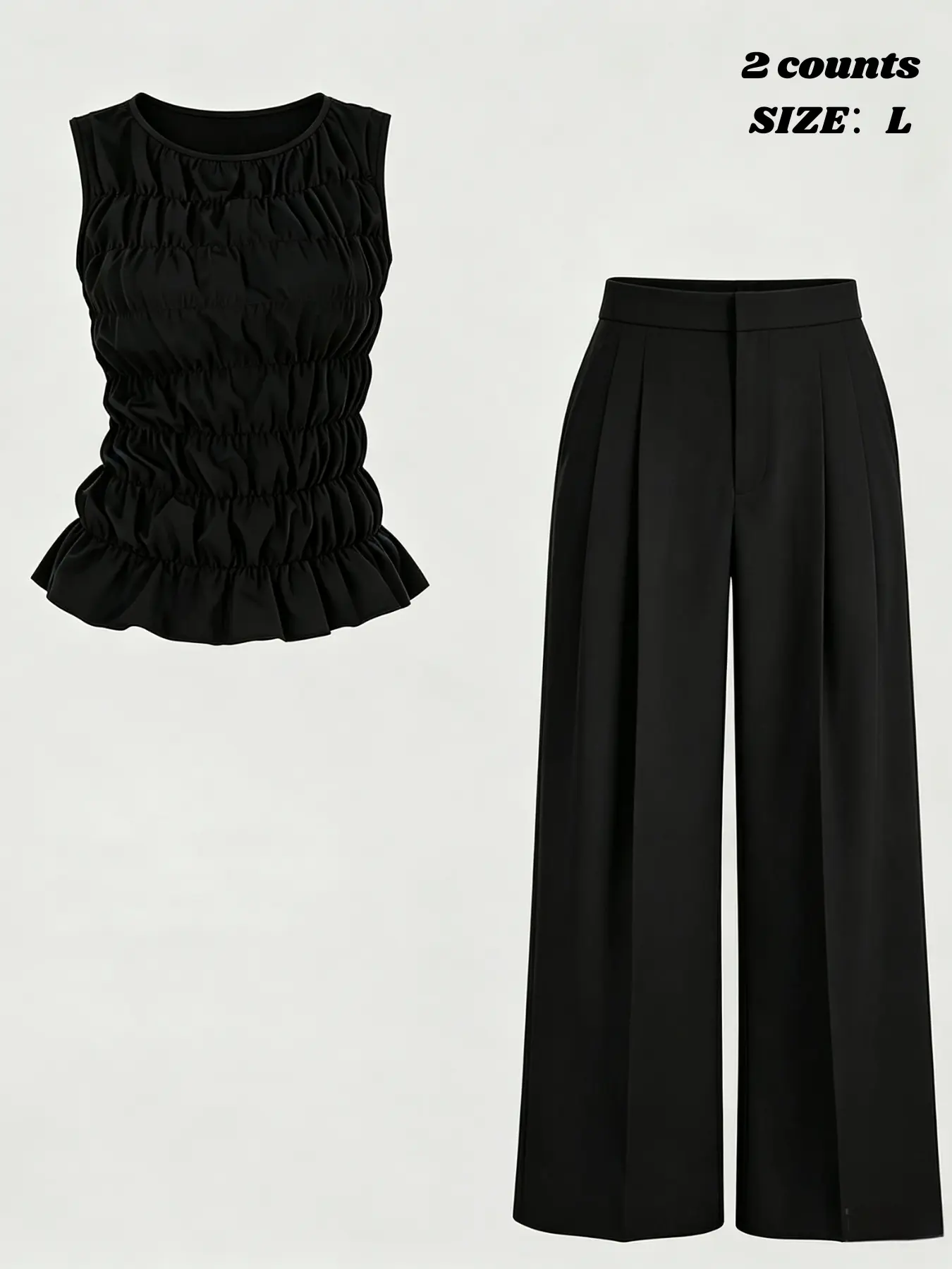 Women's Crinkle Ruffled Top + Suit Pants Two-Piece Set, Stylish Office Wear, Comfortable Daily, Perfect for Professional Look
