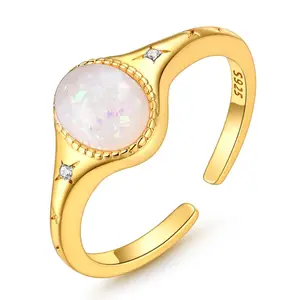 LAZA Chunky Gold Opal Ring, Gold Plated S925 Sterling Silver North Star CZ Signet, Adjustable Stackable Jewelry, Perfect Birthday Gift for Women