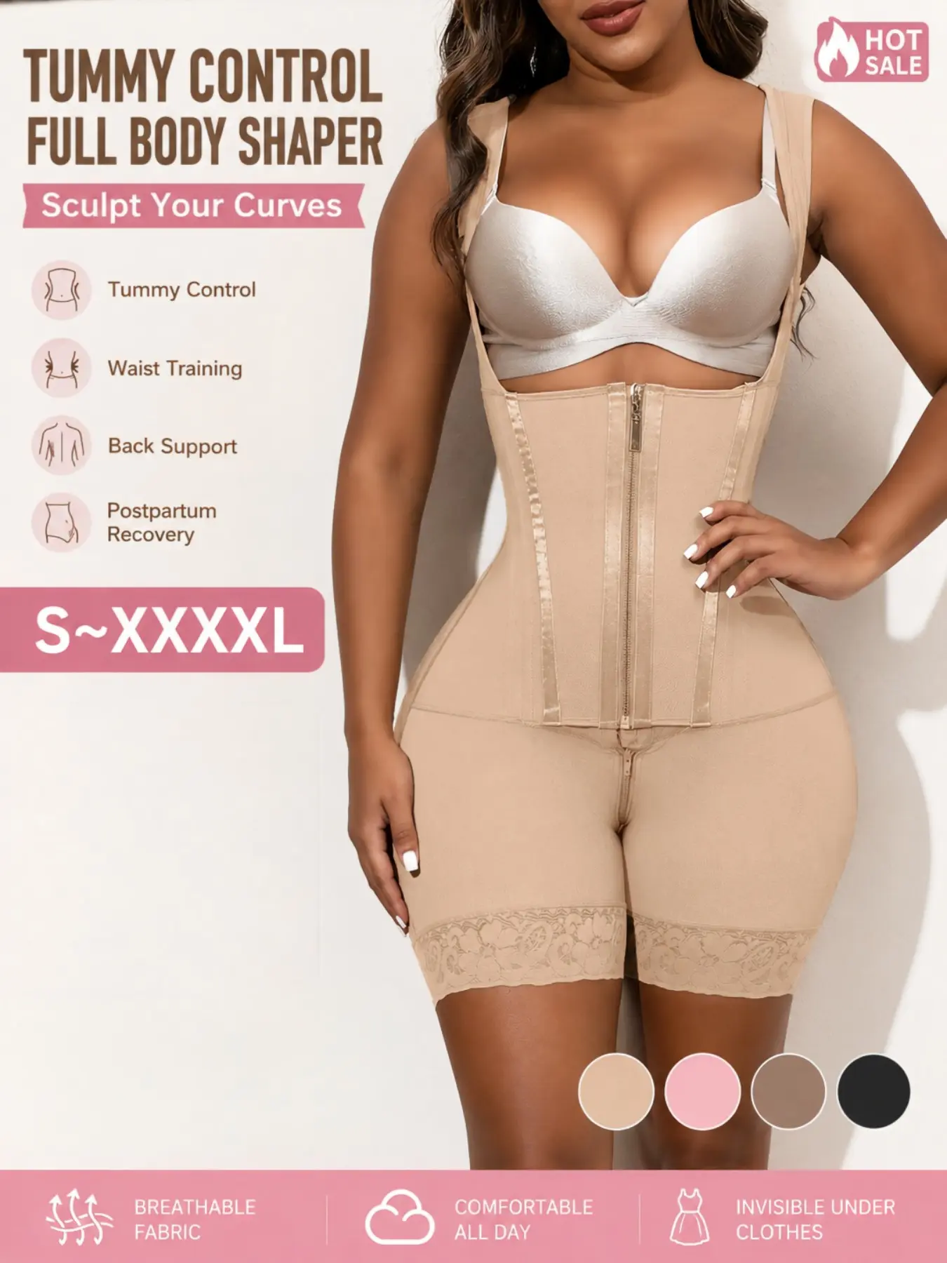 Women's Shapewear Waist Trainer with Zipper and Hooks, Adjustable Compression Workout Gear, S to Xxxxl, Multiple Colors