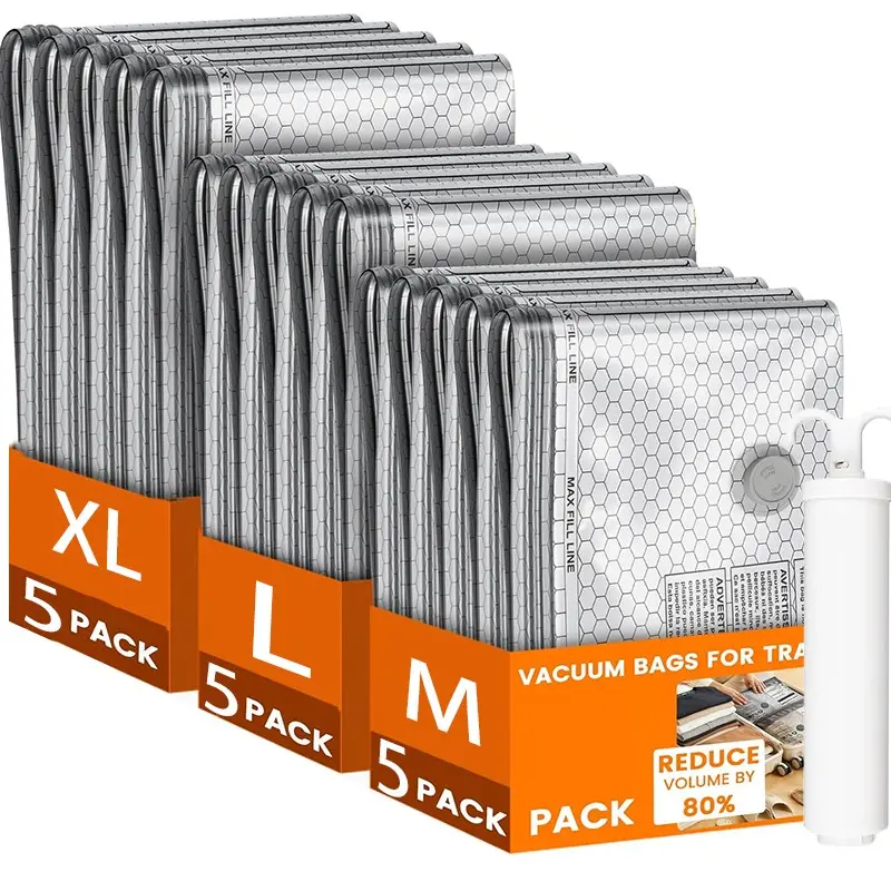 Vacuum Compression Bags Set, Portable Travel Vacuum Pouches, Space-Saving, Durable Zipper, Lightweight, for Clothes, Pillows, Lingerie