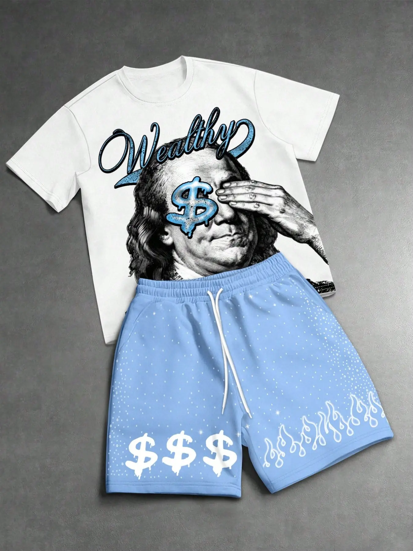 American Hip-Hop Franklin Print Men's Short Sleeve Set, Trendy Money Symbol Casual Two-Piece, Loose-Fitting Suit