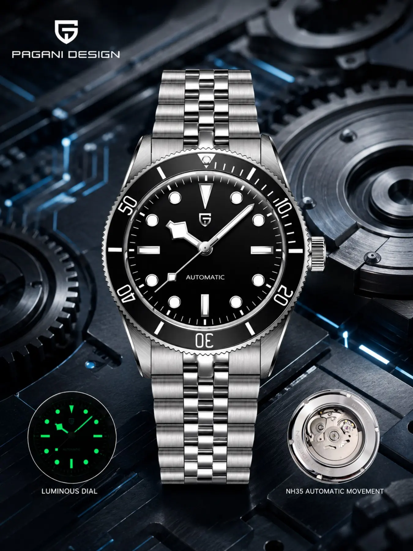 PAGANI DESIGN 2026 new Men’s Luxury Automatic Mechanical Watch, 42mm Stainless Steel BB58 Diver-Style Wristwatch, Japan TMI NH35A Movement, Synthetic Sapphire Crystal, 100M Water Resistant, Luminous Dial PD-1812