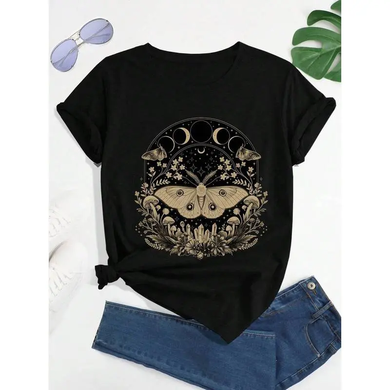 Women's Short Sleeve Crew Neck Floral Print T-Shirt - Cute Fairycore Look, Therian Theme Casual Outfit for Spring & Summer, Sports & Outdoor Casual Top