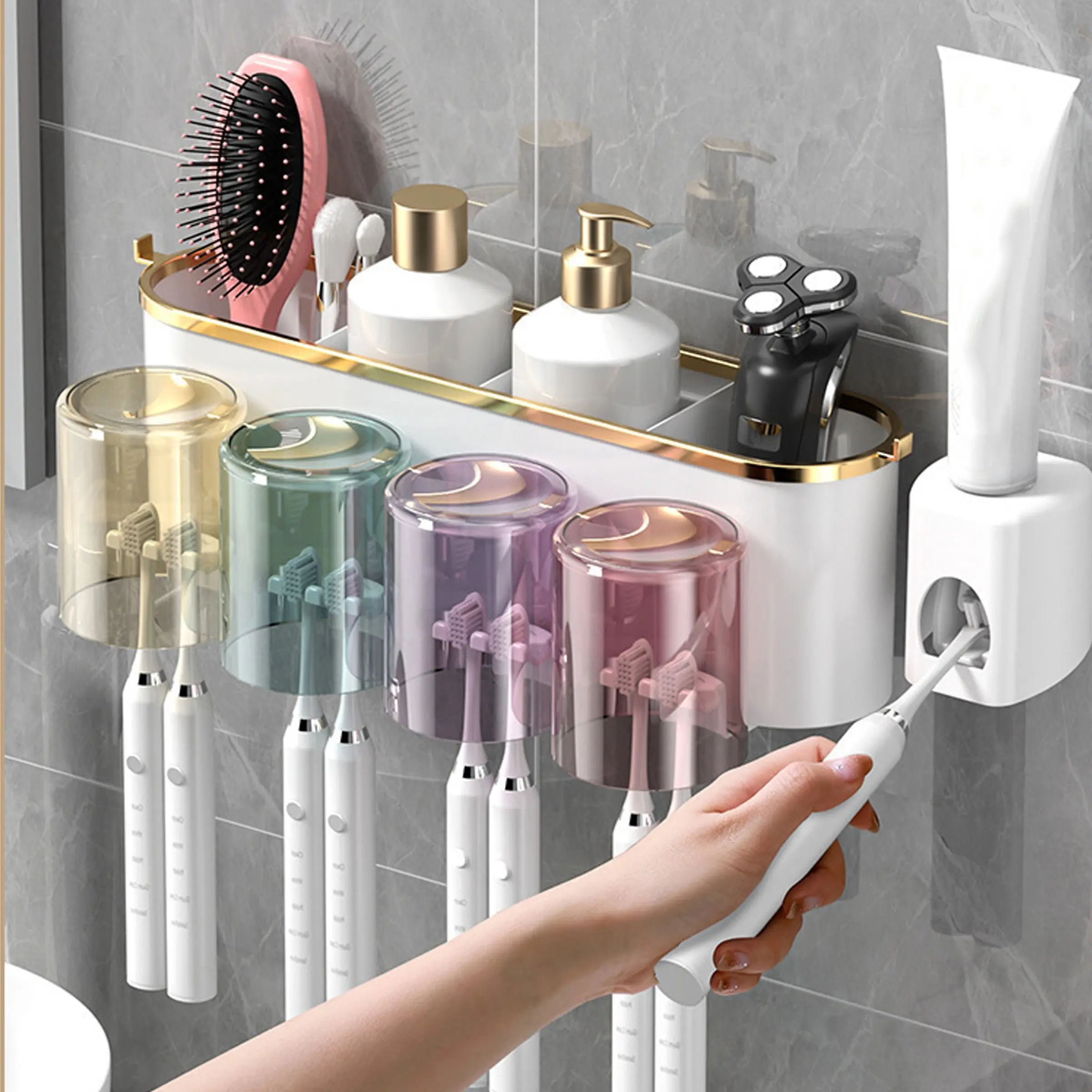 Toothbrush Holders for Bathrooms, Wall Mounted Toothbrush Holders with Toothpaste Dispenser, Toothbrush Organizer with Cups and Compartments Organizer, Bathroom Organizer for Toothbrush and Toothpaste