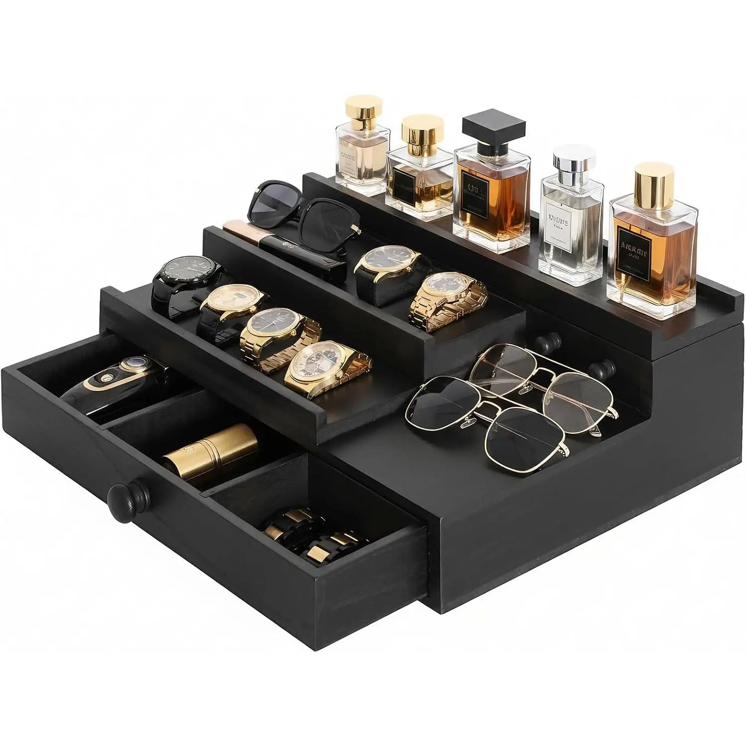 Cologne Organizer for Men,Solid  Cologne Stand with Drawer and  Compartments, Nightstand Organizer,Dresser Drawer Organizers,Organizador de Perfumes,Perfume Stand Organizer for Bedroom,Black