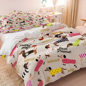 Beige Dachshund Pattern Duvet Cover Set, 1 Duvet Cover + 1/2 Pillowcases, Ultra Soft Skin Friendly Comfortable Bedding, Four Seasons HD Print, Letter Motif For Bedroom Kids Room Homestay Decor