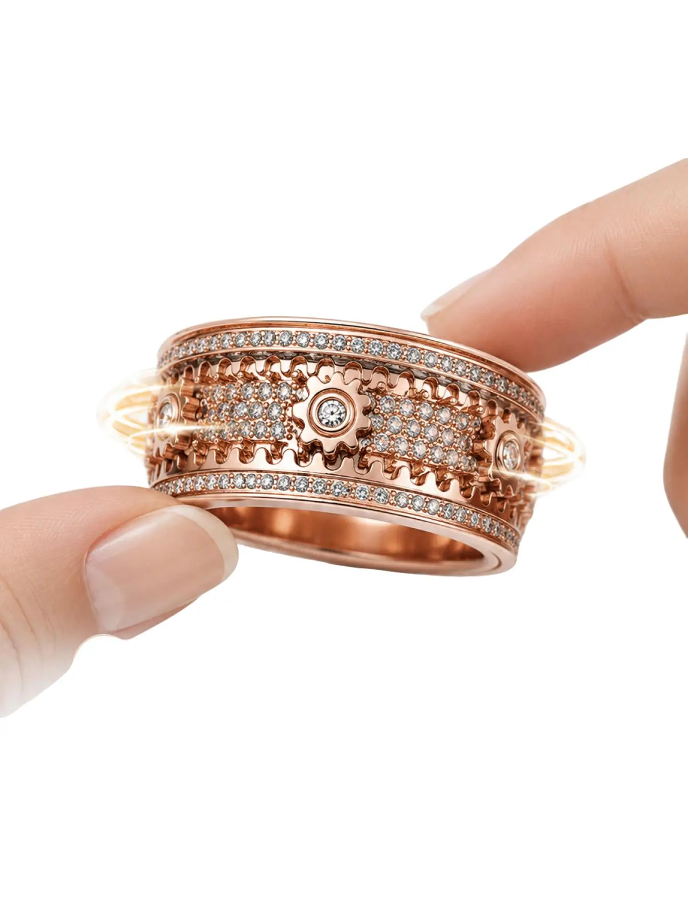 Rotating Gear Handmade Unisex Anxiety Ring, Jewelry Rings, 20g Solid Weight, Inner Stainless Steel Outer Copper Band Inlaid with Sparkling Zircon, Real Gold Plated Fade Resistant, Anti-Stress Mechanical Spinner Fidget Ring, Hypoallergenic St