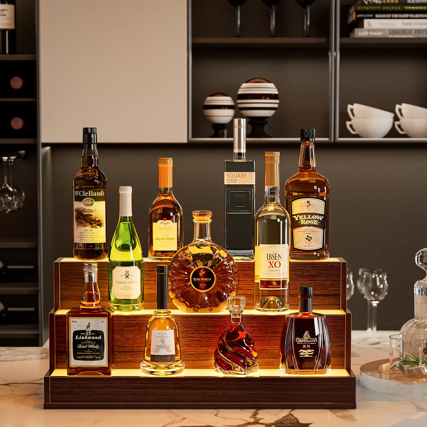 24-Inch Modern ARCH Freestanding Versatile LED Lighted Liquor Bottle Display Shelf - Integrated LED Lights, Remote/App Control, 3-Step DIY Holder, Walnut Home Organizer for Home Bars, Lighted Standing Shelf Units, App & Remote Control