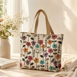 Floral Canvas Tote Bag for Women, Vintage Wildflower Shoulder Bag, Large Capacity Reusable Shopping Tote, Casual Everyday Handbag for Work, Travel, Beach & Grocery